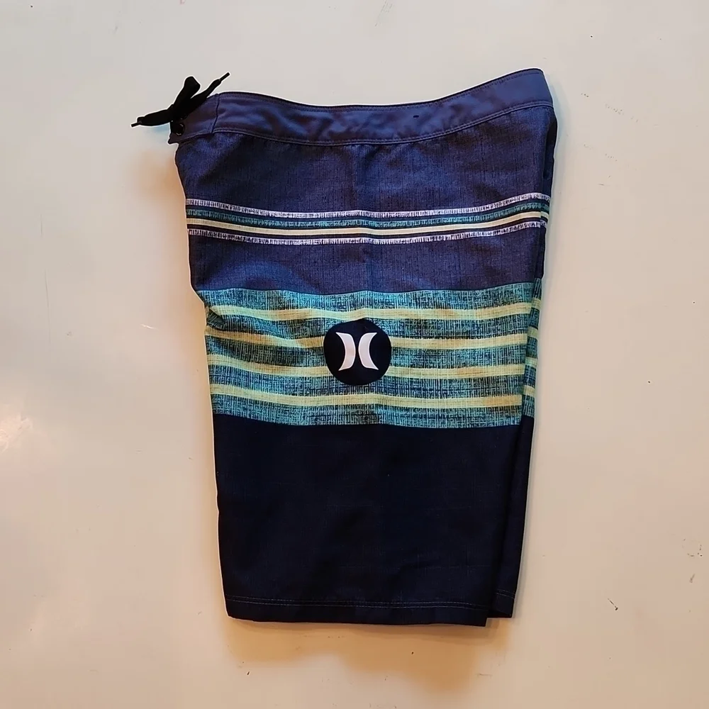 Hurley navy blue green stripe swim trunks boardshorts size 14